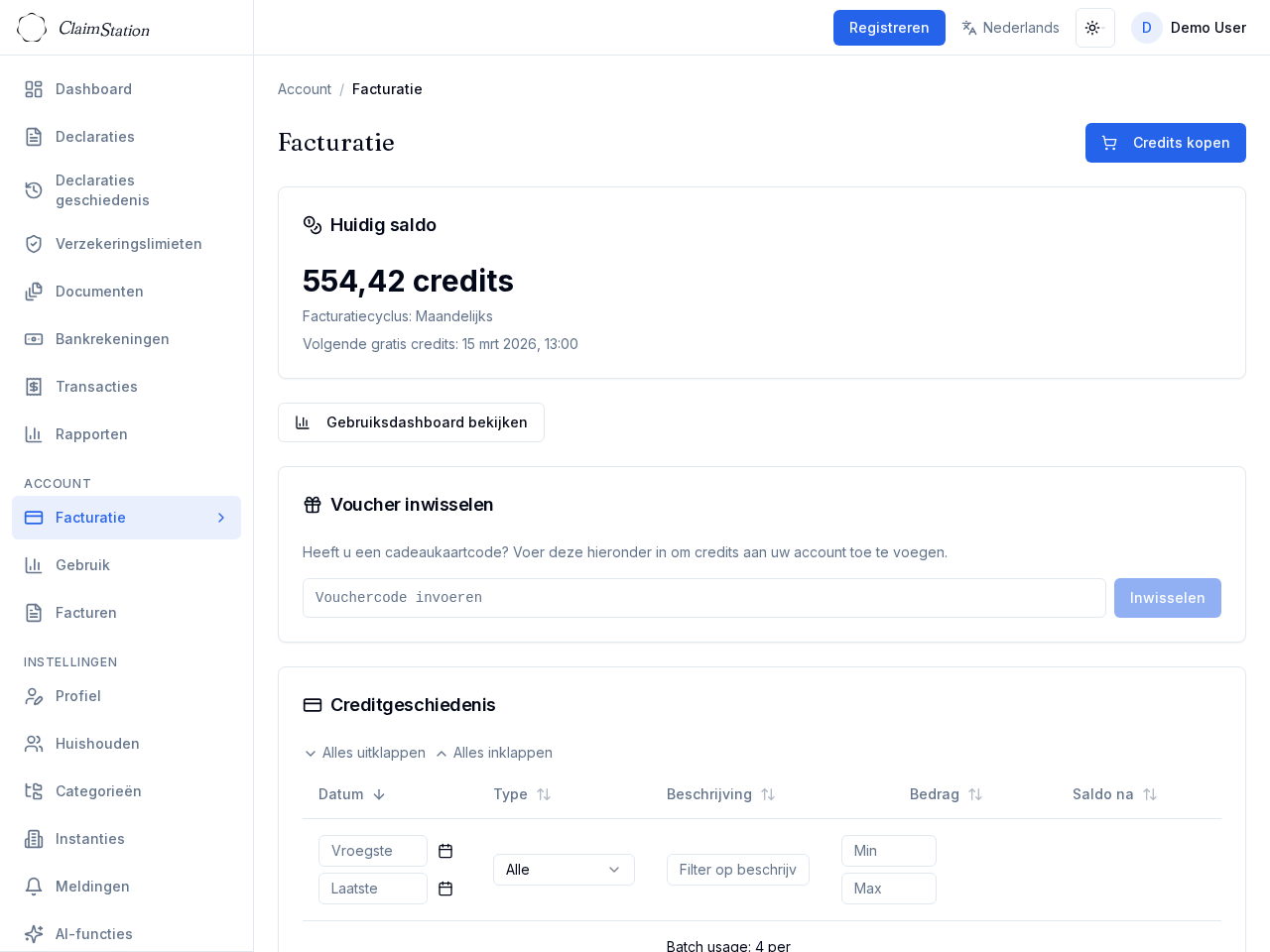 ClaimStation factureringspagina